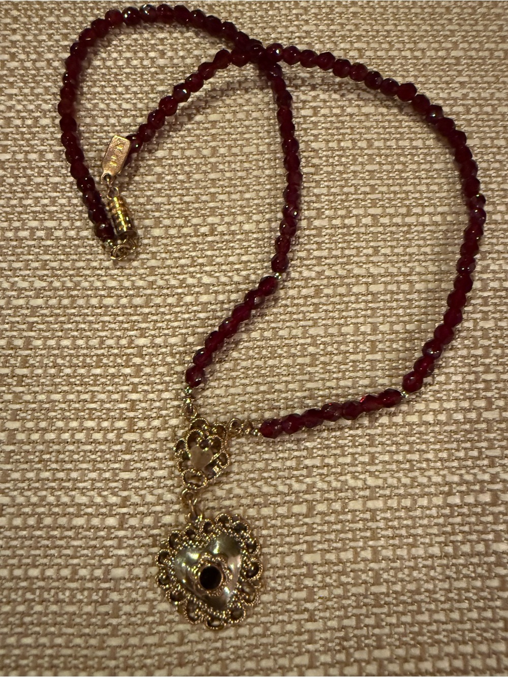 Vintage “1928”Gold & Garnet  Beaded Heart Pendant Necklace